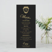Monogram Wedding Menu Cards Schwarz und Gold Menükarte (Stehend Vorderseite)