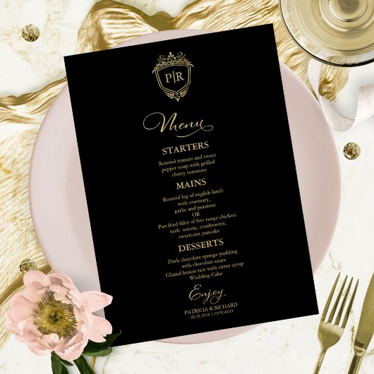 Monogram Wedding Menu Cards Schwarz und Gold Menükarte