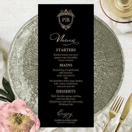Monogram Wedding Menu Cards Schwarz und Gold Menükarte