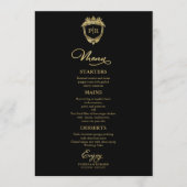 Monogram Wedding Menu Cards Schwarz und Gold Menükarte (Vorderseite)
