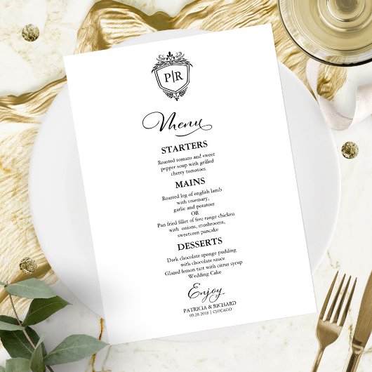 Monogram Wedding Menu Cards Schwarz und Weiß Menükarte