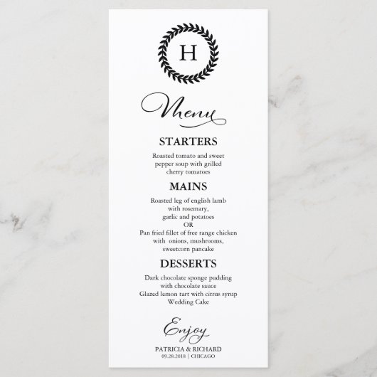 Monogram Wedding Menu Cards Schwarz und Weiß Menükarte (Vorderseite)