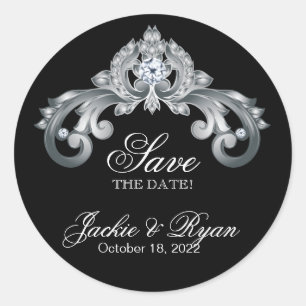 Monogram Wedding Save the Date Black Silver Runder Aufkleber