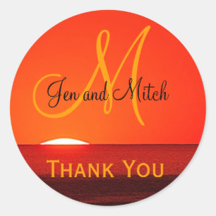 Monogram Wedding Tropical Sunset Umschlag Aufklebe Runder Aufkleber
