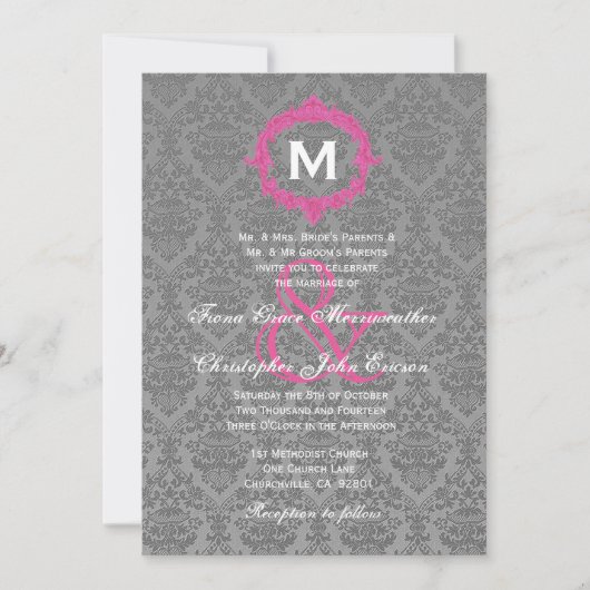 Monogram Wedding V027B, grau und rosa Damask Einladung (Vorderseite)