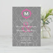 Monogram Wedding V027B, grau und rosa Damask Einladung (Stehend Vorderseite)