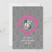 Monogram Wedding V027B, grau und rosa Damask Einladung (Rückseite)