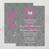 Monogram Wedding V027B, grau und rosa Damask Einladung (Vorne/Hinten)