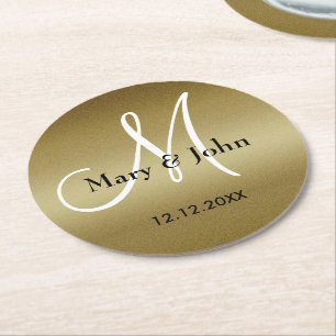 Monogram Wedding Vielen Dank Shimmery Gold Runder Pappuntersetzer
