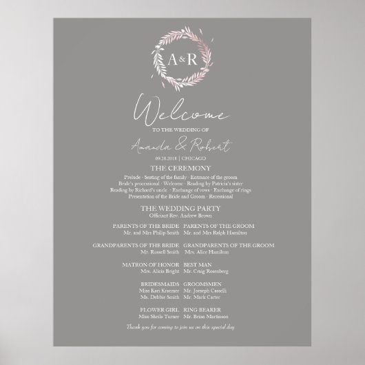 Monogram Wedding Zeremony Program Sign Foton Board Poster (Vorne)