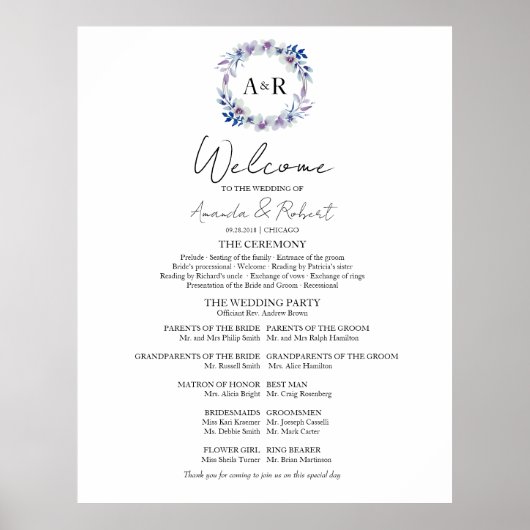 Monogram Wedding Zeremony Program Sign Foton Board Poster (Vorne)