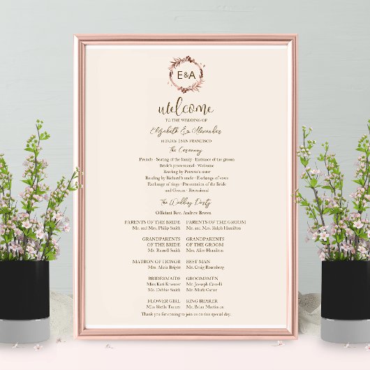 Monogram Wedding Zeremony Program Sign Foton Board Poster