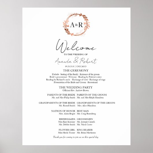Monogram Wedding Zeremony Program Sign Foton Board Poster (Vorne)