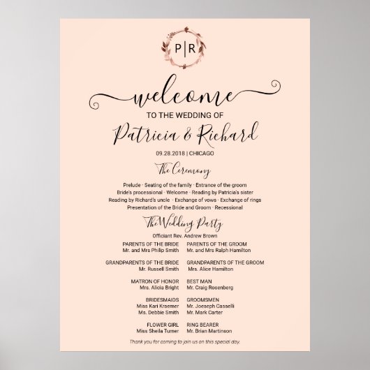Monogram Wedding Zeremony Program Sign Foton Board Poster (Vorne)