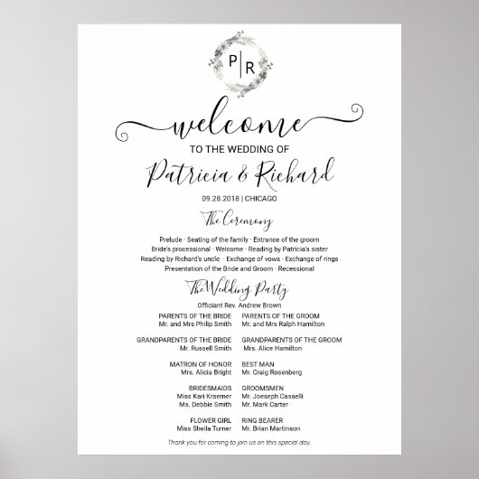 Monogram Wedding Zeremony Program Sign Foton Board Poster (Vorne)