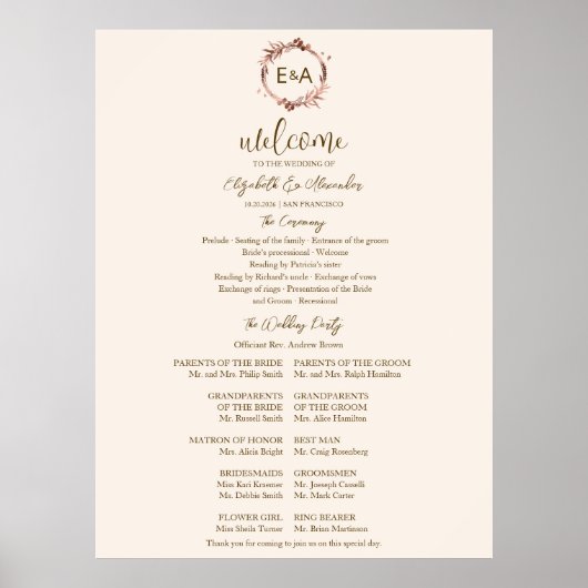 Monogram Wedding Zeremony Program Sign Foton Board Poster (Vorne)