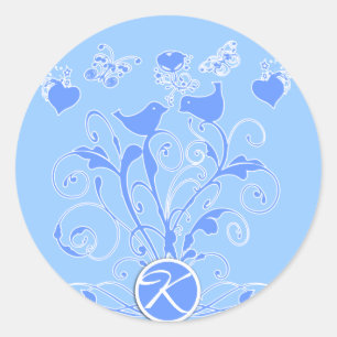 Monogram Wedds Hearts Wirbel Blue Runder Aufkleber