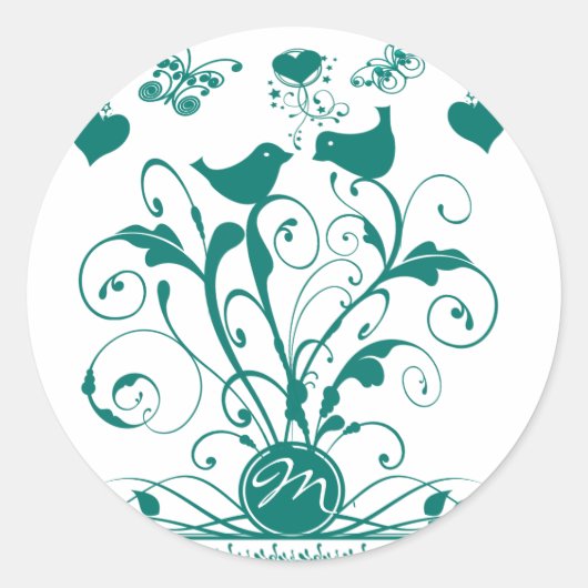 Monogram Wedds Hearts Wirbel Deep Aqua Runder Aufkleber (Vorderseite)