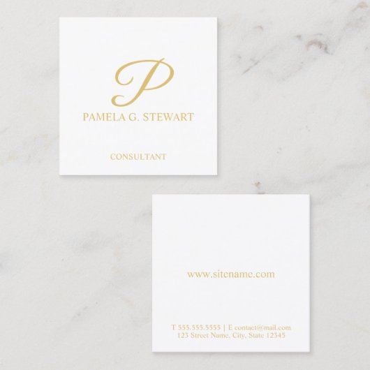Monogram, weiß und Gold elegant Quadratische Visitenkarte (Vorne/Hinten)