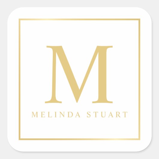 Monogram, weiß und Gold elegant Quadratischer Aufkleber (Vorderseite)