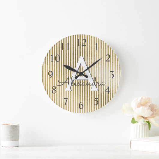 Monogram, weiß und goldgestreift große wanduhr (Zuhause)