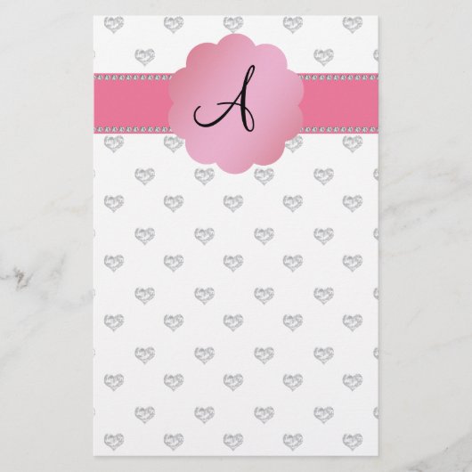 Monogram, weiße Diamantherzen Briefpapier (Vorderseite)
