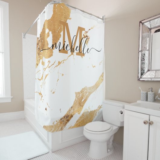 Monogram, weißes Marble-Muster Eleganter Skriptnam Duschvorhang (Beispiel)