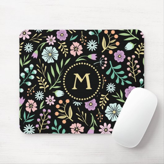 Monogram Whimsical Blume auf Black Mousepad (Mit Mouse)
