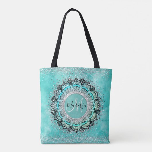Monogram Whimsical Glittery Lotus Mandala auf Aqua Tasche (Rückseite)