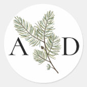 Monogram Whimsical Green and Gold Pine Wedding Runder Aufkleber (Vorderseite)