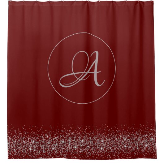 Monogram Whimsical Silver Glitzer auf Red Duschvorhang (Vorderseite)