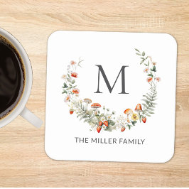 Monogram Whimsical Watercolor Floral Botanical Rechteckiger Pappuntersetzer