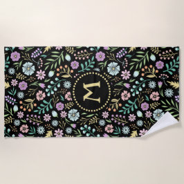 Monogram Whimsistische Blume auf Black Beach Handt Strandtuch