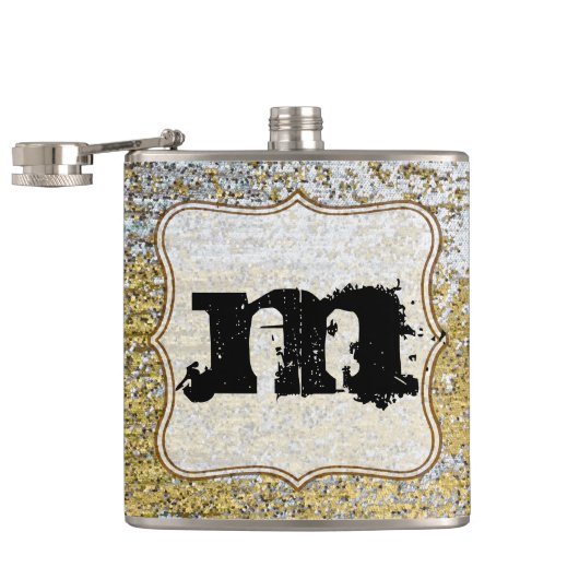 Monogram-Whiskey-Flasche aus Gold und Silber Flachmann (Geöffnet)