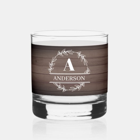 Monogram Whiskey Glass Rustikales Holz Whiskyglas (Vorderseite)