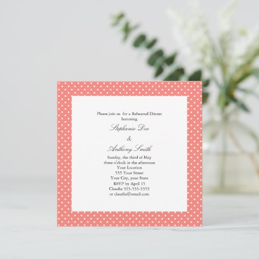 Monogram White and Coral Pink Polka Dot Probe Einladung (Stehend Vorderseite)