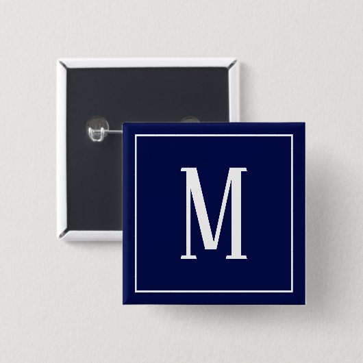 Monogram White auf Navy Blue Square Button (Vorne & Hinten)