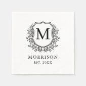 Monogram White Black Wappen Botanical Wedding Serviette (Vorderseite)