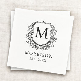 Monogram White Black Wappen Botanical Wedding Serviette