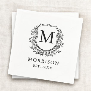 Monogram White Black Wappen Botanical Wedding Serviette