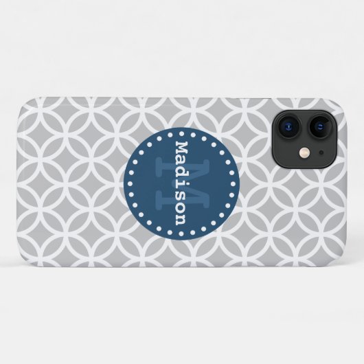 Monogram, White Blue Modern Circles Case-Mate iPhone Hülle (Rückseite (Horizontal))