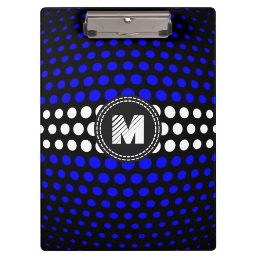 Monogram White & Blue Polka Dots Muster Klemmbrett (Vorderseite)