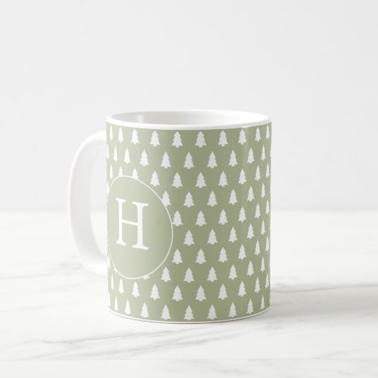 Monogram White Christmas Tree Muster Green Gift Kaffeetasse (Vorderseite Links)