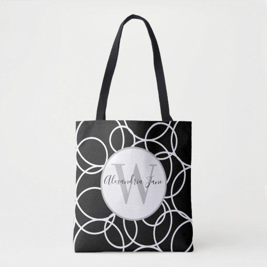Monogram White Circles Black Modern Abstrakt Tasche (Vorderseite)