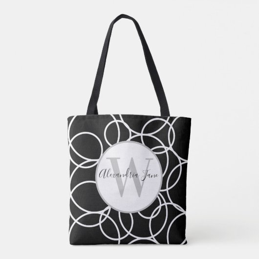 Monogram White Circles Black Modern Abstrakt Tasche (Rückseite)