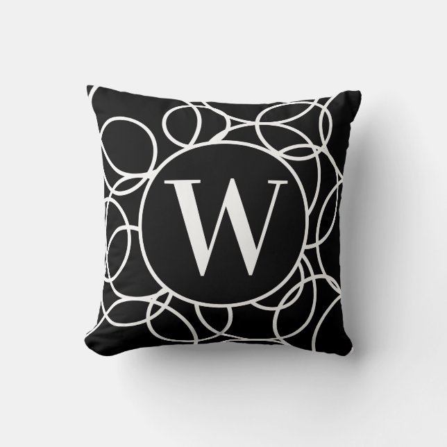 Monogram White Circles Black Modern Abstrakt Throw Kissen (Vorderseite)