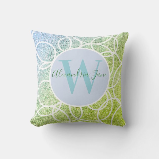 Monogram White Circles Blue Green Glitzer Throw Pi Kissen (Vorderseite)