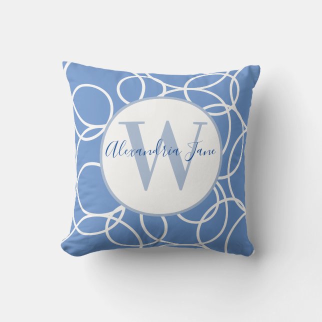Monogram White Circles Blue Modern Abstrakt Kissen (Vorderseite)