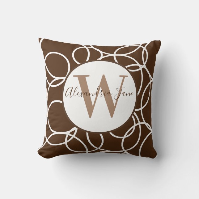 Monogram White Circles Brown Modern Abstrakt Kissen (Vorderseite)