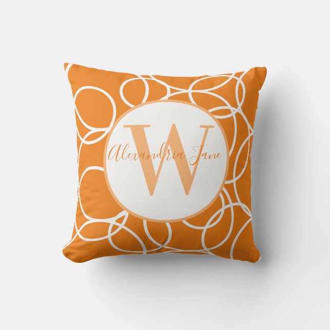 Monogram White Circles Orange Modern Abstrakt Kissen (Vorderseite)